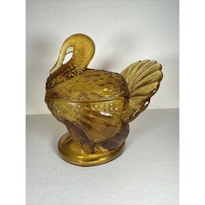 Vintage LE Smith Amber Thanksgiving Glass Turkey Covered Candy Dish 7"